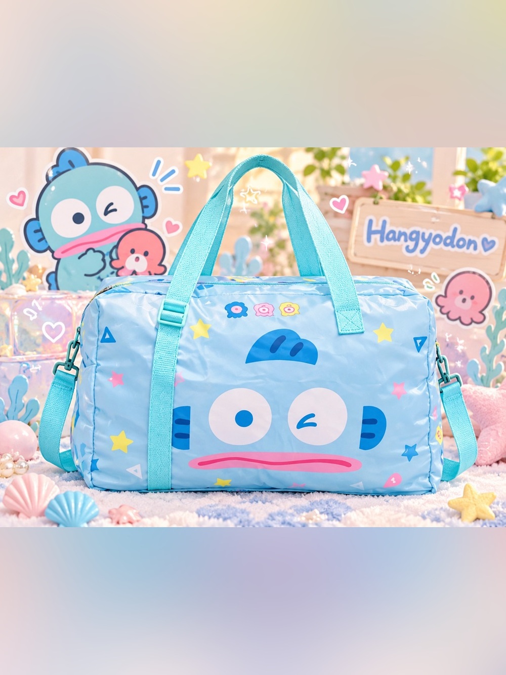 Sanrio Hangyodon Foldable Travel Duffle Bag Light Blue NWT